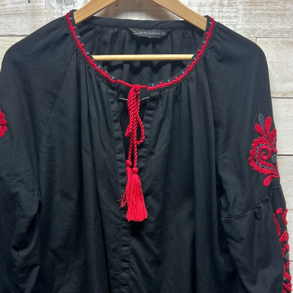 Zara Womens Embroidered Tassel Top Red Black Long Sleeve Floral Size Medium - Picture 3 of 13